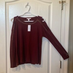 Dress Barn Sz petite XS Burg gold studded long sleeve crew neck sweater